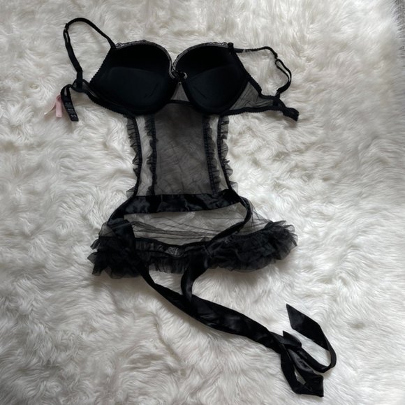 NWOT Victoria's Secret French Maid Mesh Ruffle Sequin push up, Ribbon, Black 36D - Picture 11 of 13